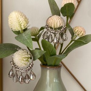 Silver hoop earrings with rhinestones with teardrop beads